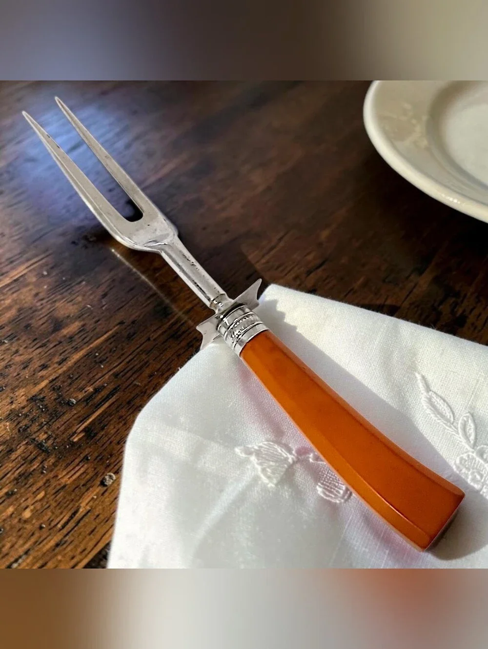 Vtg Bakelite Meat Serving Carving Fork Butterscotch Catalin Handle 2 Prong MCM